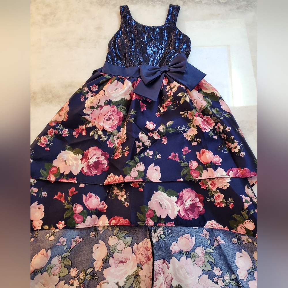 Bonnie Jean big girls navy & floral high low dress